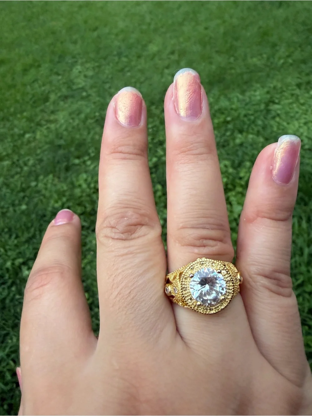 925 Sterling Silver Gold-Tone Ring with Clear Crystal Center